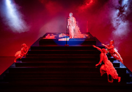 Frau verschwindet (Versionen) – Kosmos Theater Wien – Julia Haennis Stück über die perfekte Frau von Kathrin Herm mit großem Showtreppenauftritt inszeniert 